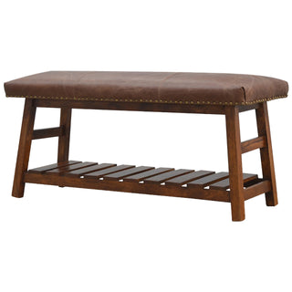 Front view of Ranger Shoe Storage Bench Buffalo Hide Leather Seat Slatted Wood Shelf Brass Studs Light Walnut