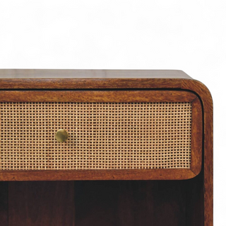 Rattan Bedside Table Cane Drawer Open Cube - bun feet detail