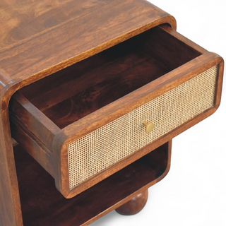Rattan Bedside Table Cane Drawer Open Cube - side angle view