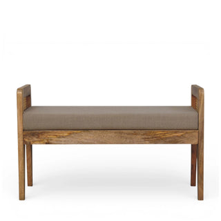 Front view of Rattan Bench Raised Cane Side Panels Mud Linen Seat Natural Rattan
