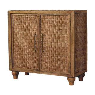 Rattan Oak 2-Door Cabinet Natural Rattan Bun Feet - side profile angle view