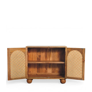 Side angle view of Rattan Sideboard Arch Cane Double Doors Chunky Ball Feet Brass Knobs Natural Rattan