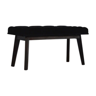Angled view of Raven Hallway Bench Black Velvet Deep Button Tufted Long Rectangular Near-Black Nordic Legs