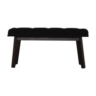 Front view of Raven Hallway Bench Black Velvet Deep Button Tufted Long Rectangular Near-Black Nordic Legs