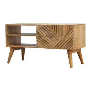 Side angle view of Raven Media Unit Raw Oak Mango Wood Diagonal Linear Groove Carved Drawers No-Knob with Nordic Legs