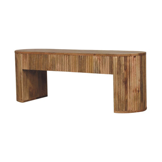 Side angle view of Reeda Media Unit Natural Oak Ribbed Texture Chunky Leg Open Shelf
