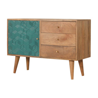 Side angle view of Reef Sideboard Cabinet Teal Cube Relief Door Three-Drawer Natural Oak Asymmetric