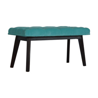 Angled view of Reef Upholstered Bench Turquoise Velvet Button Tufted Long Rectangular Mid-Century Legs