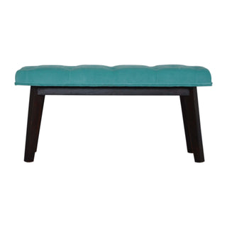 Front view of Reef Upholstered Bench Turquoise Velvet Button Tufted Long Rectangular Mid-Century Legs