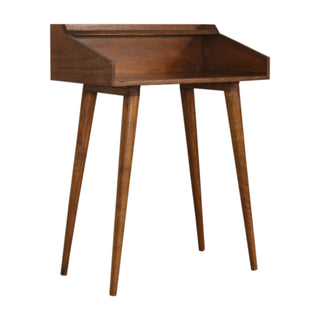 Side angle view of Reeve Writing Desk Solid Wood Raised Gallery Rim with Open Shelf