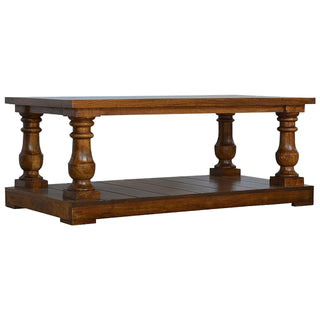 Side angle view of Regal Coffee Table Solid Mango Wood Baluster Turned Legs Lower Shelf