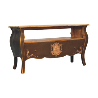 Side angle view of Regence Media Unit Greyish-Green Mango Wood Hand-Painted Crown Crest Bombe Form with Chantilly Legs