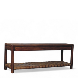 Side angle view of Regency Rattan Bench Jute Woven Seat Panel Chestnut Frame Natural Rattan