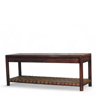 Side view of Regency Rattan Bench Jute Woven Seat Panel Chestnut Frame Natural Rattan