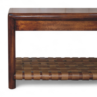 Close-up of woven rattan detail on Regency Rattan Bench Jute Woven Seat Panel Chestnut Frame Natural Rattan