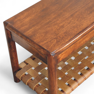 Finish detail view of Regency Rattan Bench Jute Woven Seat Panel Chestnut Frame Natural Rattan