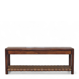 Front view of Regency Rattan Bench Jute Woven Seat Panel Chestnut Frame Natural Rattan