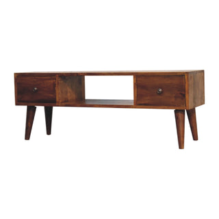 Side angle view of Remi Coffee Table with Drawers Centre Cubby Slot Mango Wood Chestnut Lacquer