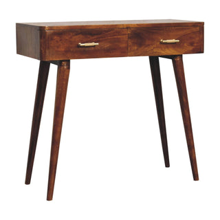 Side angle view of Remi Console Table with Drawers Chestnut Mango Wood Gold T-Bar Handles