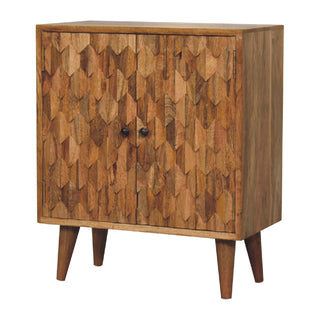 Side angle view of Remi Display Cabinet Compact Diamond-Leaf Relief Carved Natural Oak Twin-Door