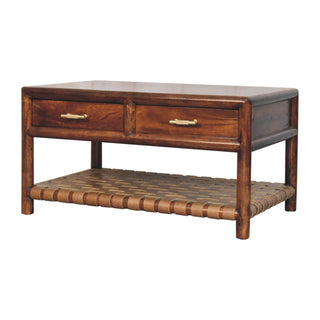 Side angle view of Reva Console Table with Drawers Chestnut Woven Leather Shelf