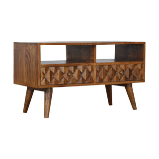 Side angle view of Reva Media Unit Chestnut Finish Geometric Carved Drawers