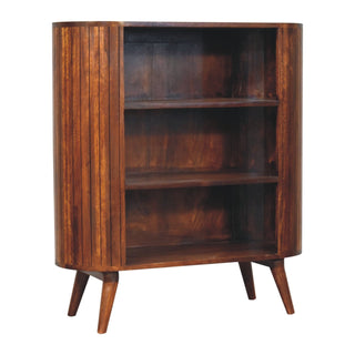 Side angle view of Revel Display Cabinet Tall Open Shelves Curved Sides Dark Chestnut No-Door