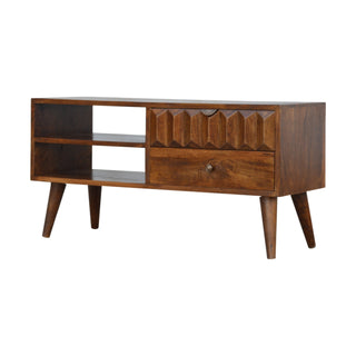 Side angle view of Ridge Media Unit Chestnut Mango Wood Raised Arch-Ridge Carved Drawer Front with Nordic Tapered Legs
