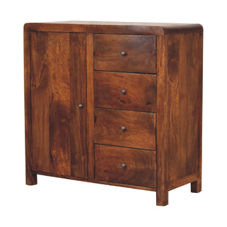 Side angle view of Ridley Sideboard Cabinet Chestnut Door Four-Drawer Asymmetric Stub Feet