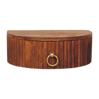 Ring pull wall nightstand front view, natural oak solid wood floating design