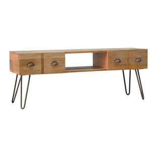 Side angle view of Rivet Media Unit Oak Mango Wood Four Drawers Brass Shell Handles with Iron Hairpin Legs