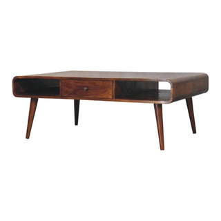 Side angle view of Rivus Coffee Table with Drawers Large Rounded Top Open Compartments Chestnut