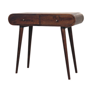 Side angle view of Rondo Console Table with Drawers Light Walnut Pill-Top Nordic Legs