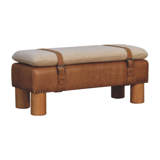Rondo Living Room Bench – Cream Bouclé – rear view showing tan leather body and cylinder legs
