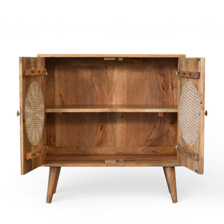 Side angle view of Rosalie Rattan Sideboard Cut-Out Petal Doors Nordic Legs Natural Rattan