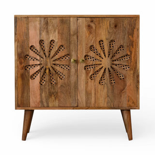 Front view of Rosalie Rattan Sideboard Cut-Out Petal Doors Nordic Legs Natural Rattan