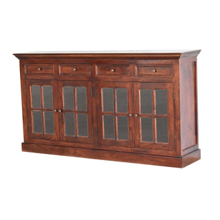 Side angle view of Rosewood Large Sideboard with Glazed Cabinet Doors and Drawers in Cherry Finish