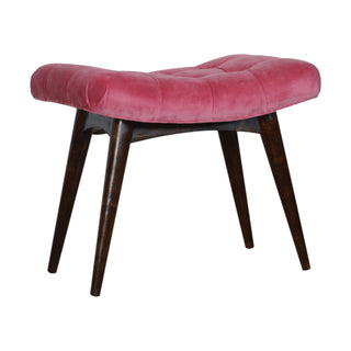 Angled view of Rosie Upholstered Bench Hot Pink Velvet Grid Tufted Curved Saddle Splayed Legs