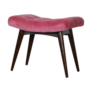 Front view of Rosie Upholstered Bench Hot Pink Velvet Grid Tufted Curved Saddle Splayed Legs