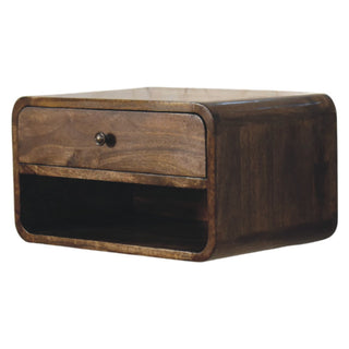Natural oak floating nightstand side view right showing drawer knob and open shelf