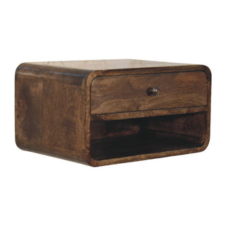 Natural oak floating nightstand side view left showing rounded corners and open shelf