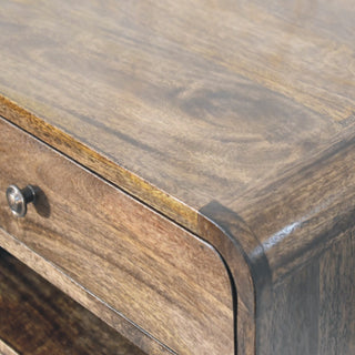 Natural oak floating nightstand top surface and wood grain close-up
