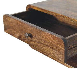 Natural oak floating nightstand with drawer open showing solid wood interior