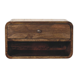 Natural oak solid wood floating nightstand front view, one drawer and open shelf below