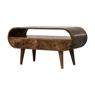 Rounded edge media unit side view right showing drawer and open shelf detail