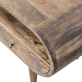 Rounded edge media unit top surface and wood grain close-up