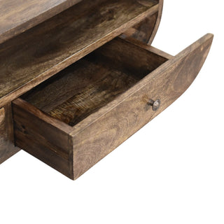 Rounded edge media unit with drawer open showing solid wood interior