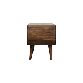 Rear view of rounded edge media unit showing back panel and solid wood construction