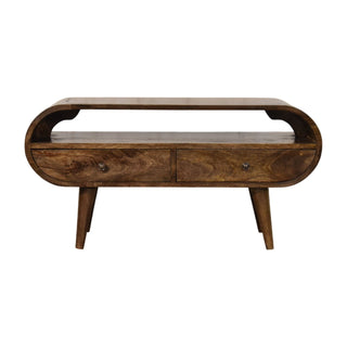 Rounded edge 2-drawer media unit front view, natural oak solid wood finish