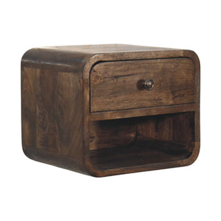 Floating nightstand side view right, dark chestnut solid wood with drawer knob detail